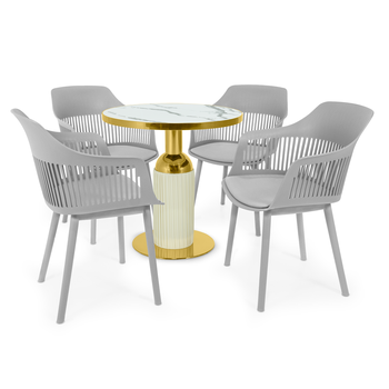conjunto mesa de jantar redonda imperial 70cm branca com 4 cadeiras estofadas marcela cinza