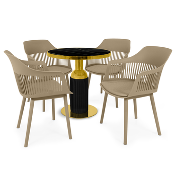 conjunto mesa de jantar redonda imperial 70cm preta com 4 cadeiras estofadas marcela nude escuro