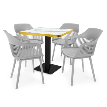 conjunto mesa de jantar quadrada venezia 70x70cm branca com 4 cadeiras estofadas marcela cinza