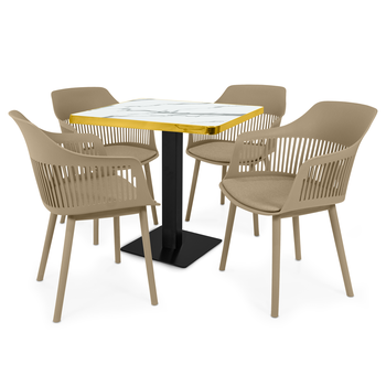 conjunto mesa de jantar quadrada venezia 70x70cm branca com 4 cadeiras estofadas marcela nude escuro