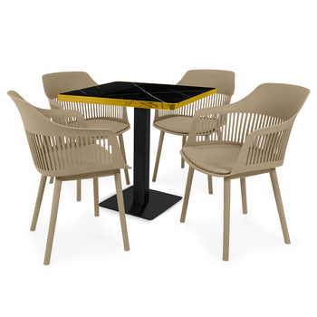conjunto mesa de jantar quadrada venezia 70x70cm preta com 4 cadeiras estofadas marcela nude escuro