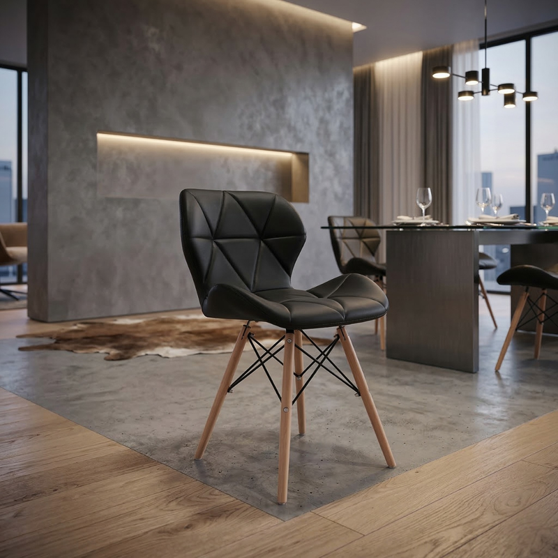 Cadeira Charles Eames Eiffel Slim Wood Estofada - Preta