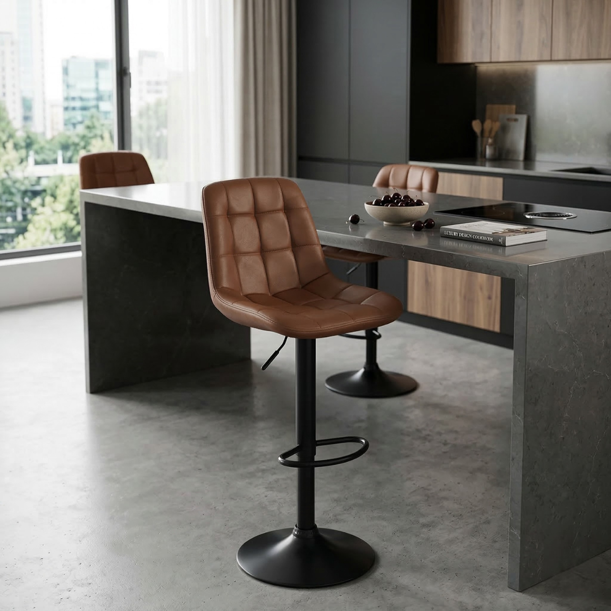 03 banqueta alta elegance estofada com base giratoria e regulagem de altura preto