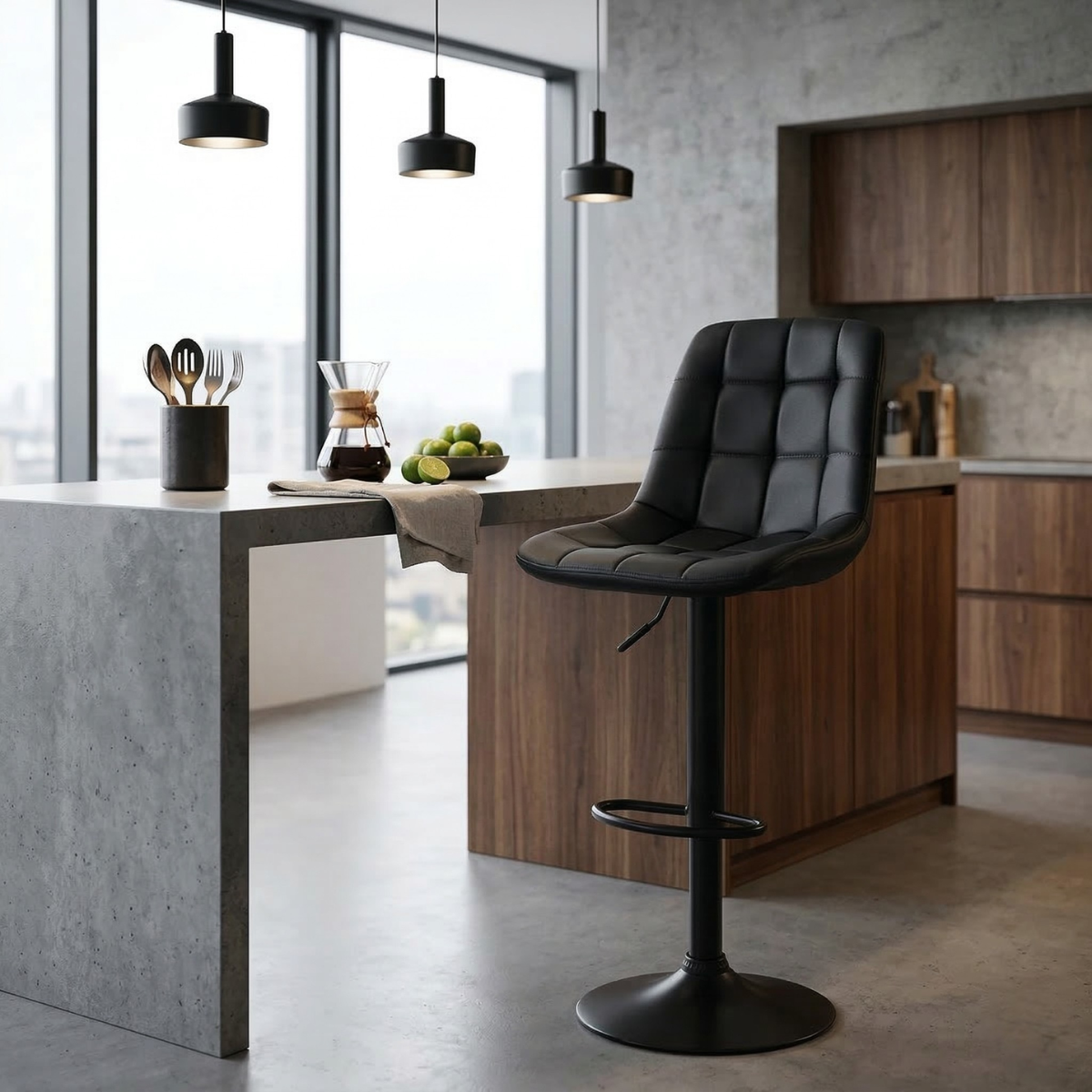04 banqueta alta elegance estofada com base giratoria e regulagem de altura preto
