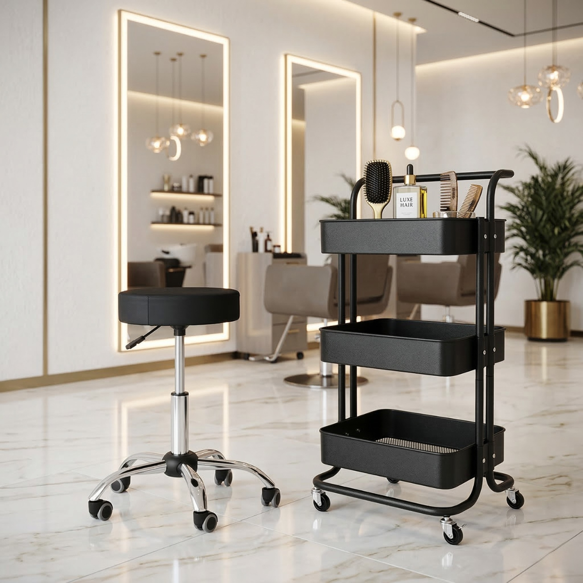 01 kit estetica com banco mocho e carrinho multiuso preto