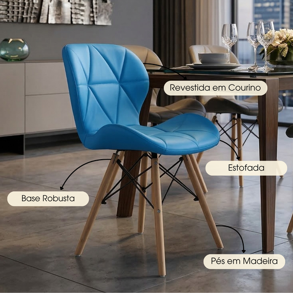 Cadeira Charles Eames Eiffel Slim Wood Estofada - Azul