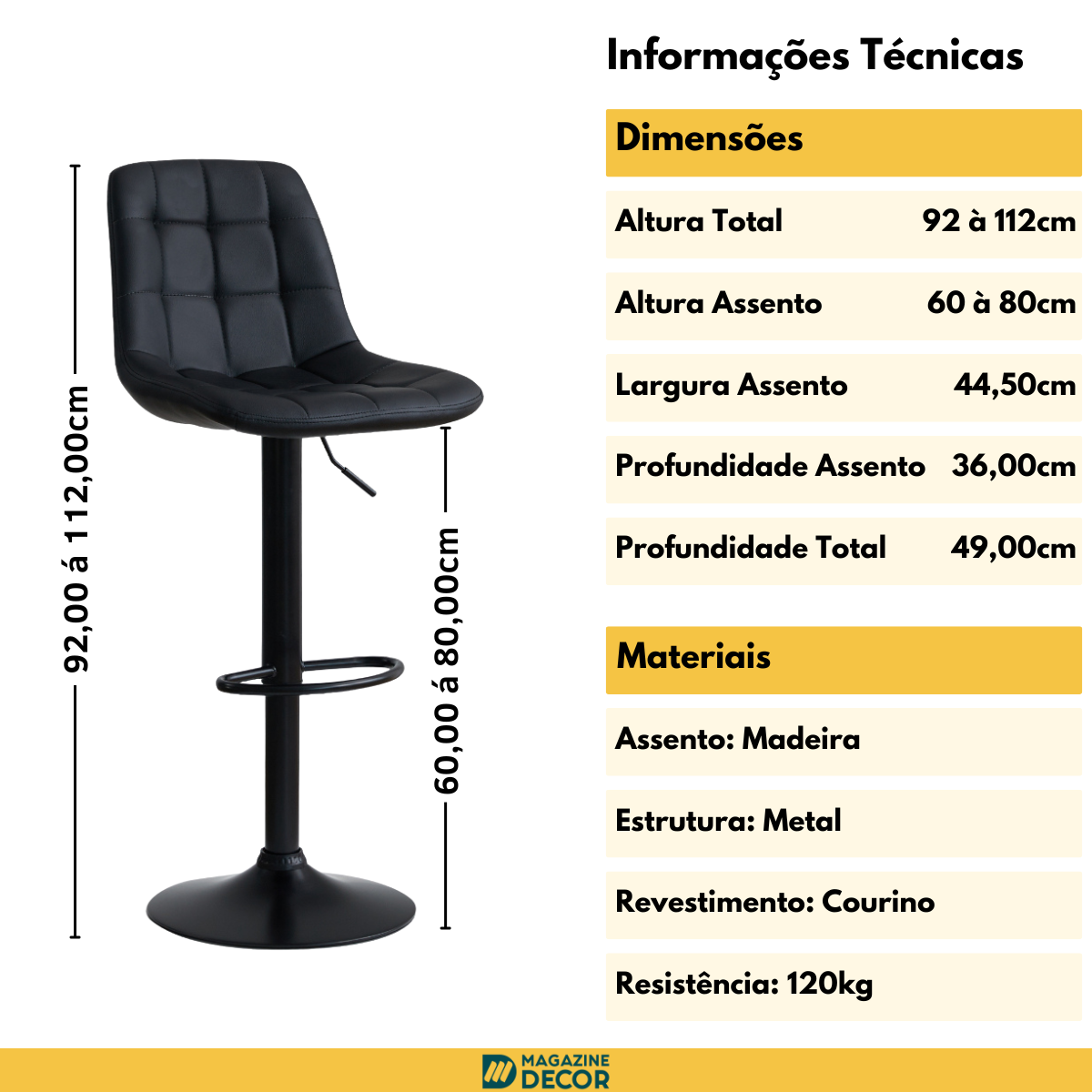 10 banqueta alta elegance estofada com base giratoria e regulagem de altura marrom