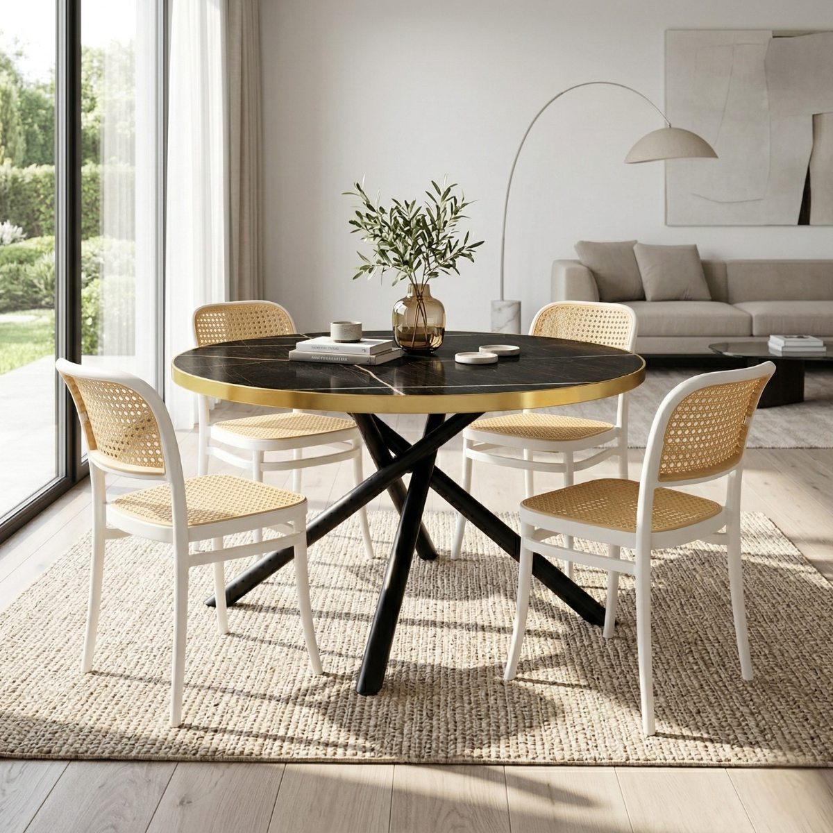 06 conjunto mesa de jantar redonda solaris preta 120cm com 4 cadeiras roma