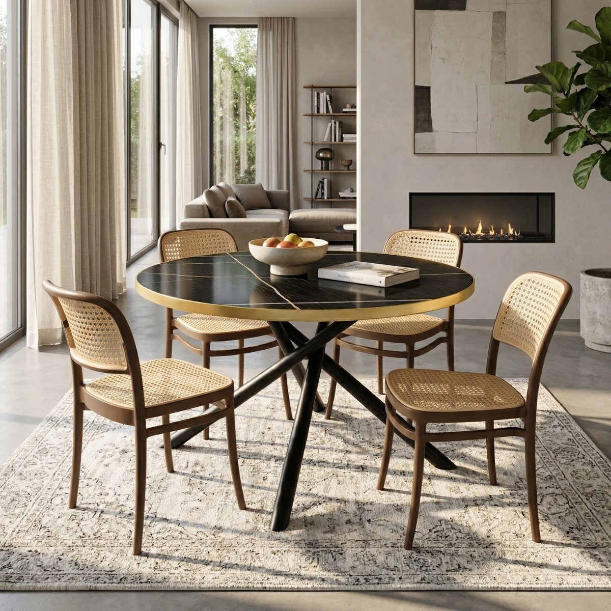08 conjunto mesa de jantar redonda solaris preta 120cm com 4 cadeiras roma