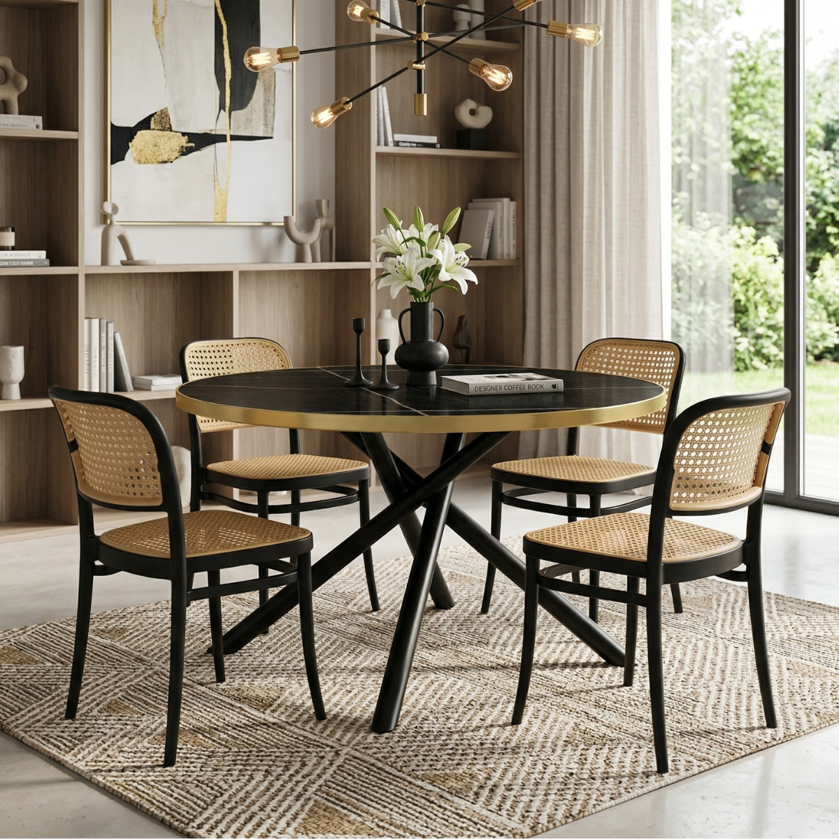 12 conjunto mesa de jantar redonda solaris preta 120cm com 4 cadeiras roma