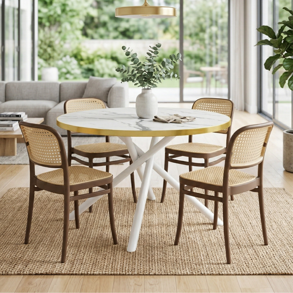 08 conjunto mesa de jantar redonda solaris branca 120cm com 4 cadeiras roma