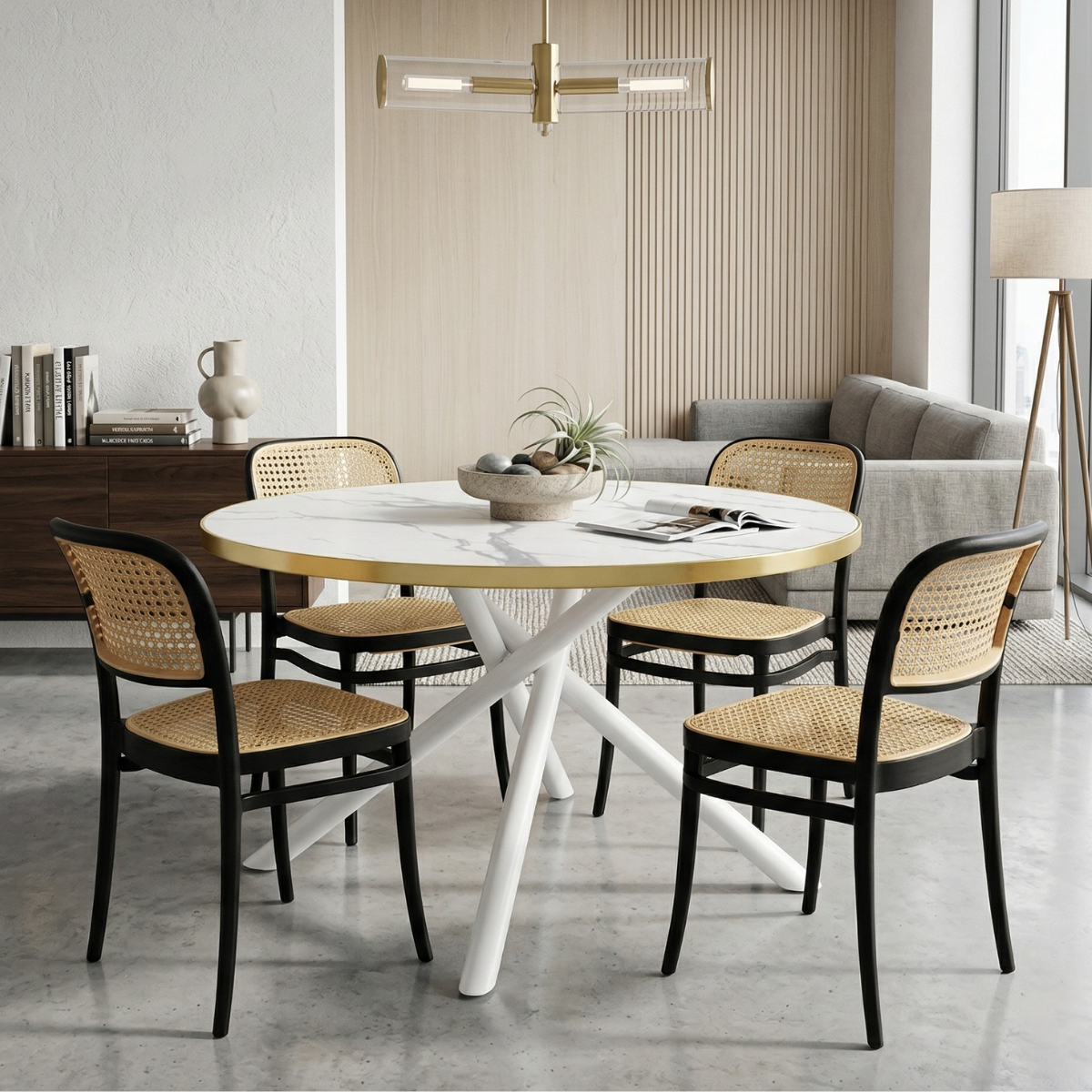 12 conjunto mesa de jantar redonda solaris branca 120cm com 4 cadeiras roma