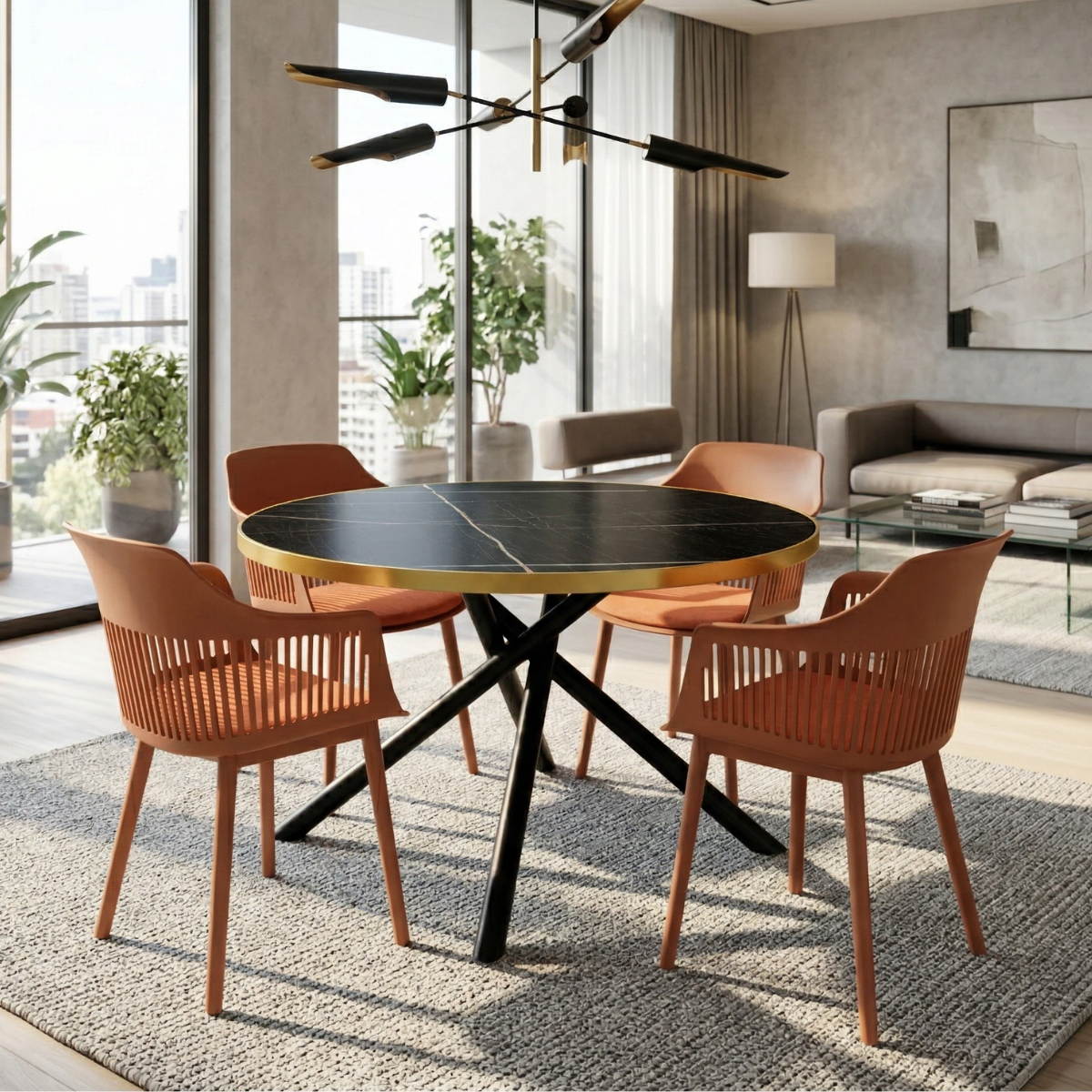 02 conjunto mesa de jantar redonda solaris preta 120cm com 4 cadeiras marcela