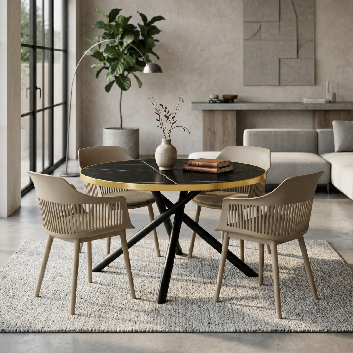 04 conjunto mesa de jantar redonda solaris preta 120cm com 4 cadeiras marcela