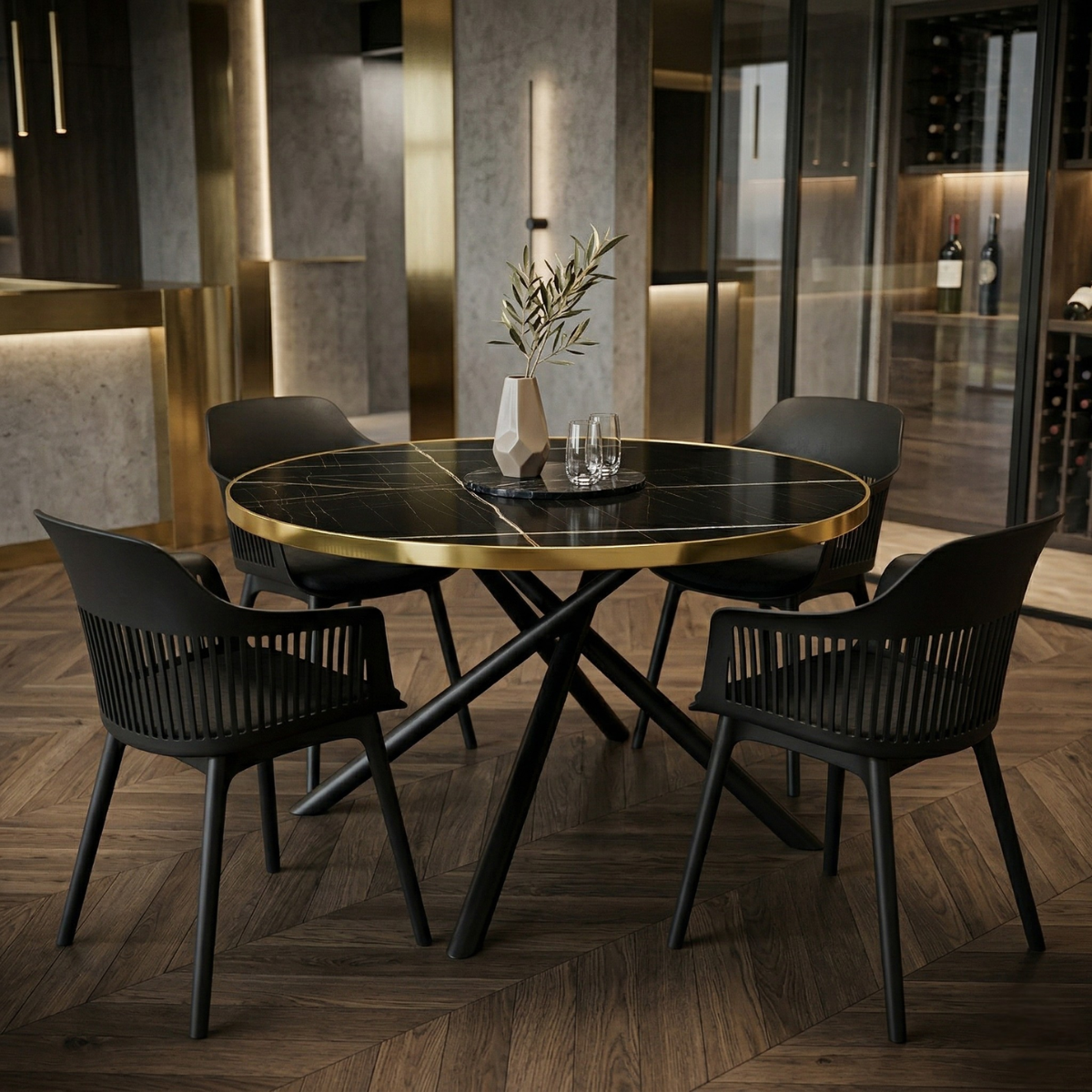 06 conjunto mesa de jantar redonda solaris preta 120cm com 4 cadeiras marcela