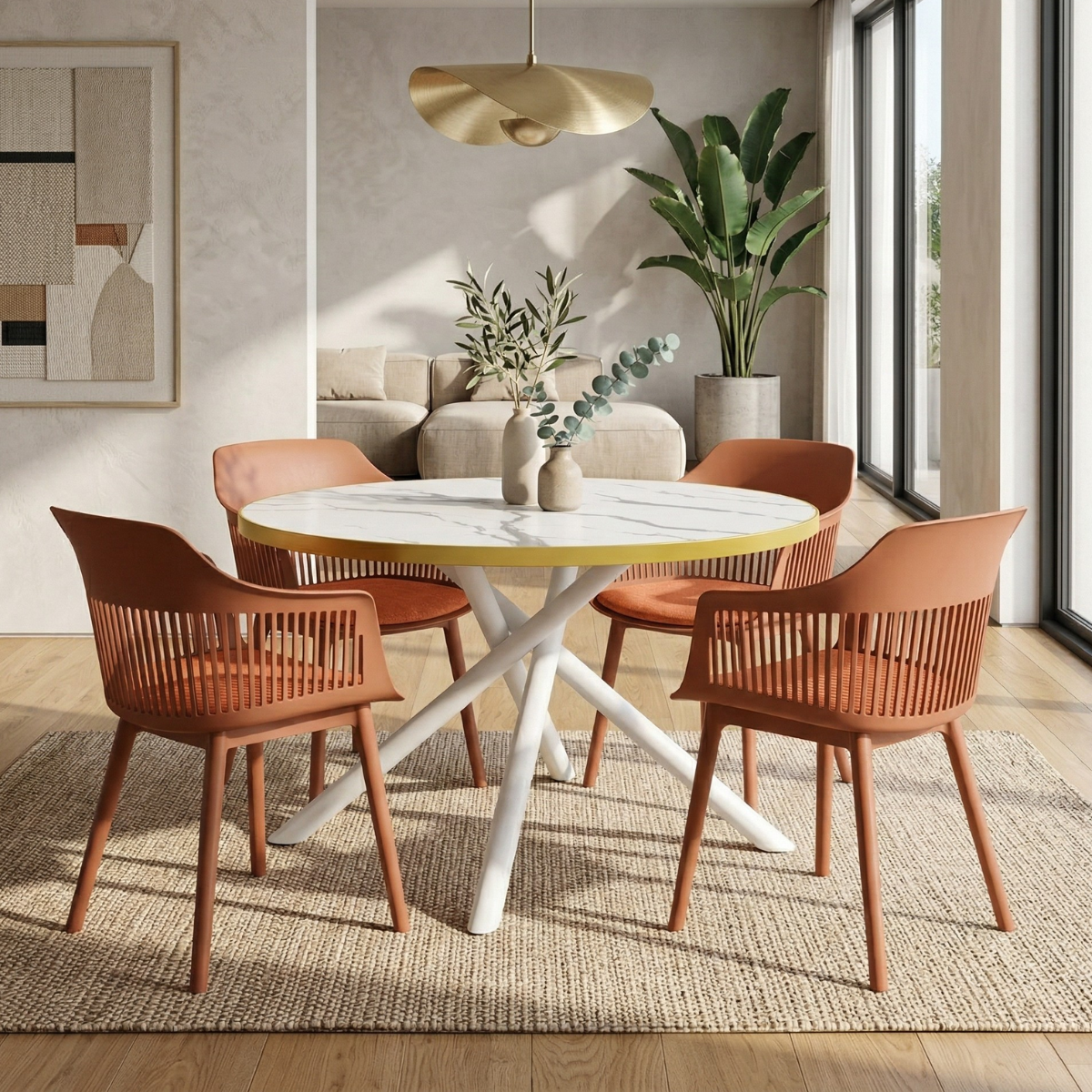 02 conjunto mesa de jantar redonda solaris branca 120cm com 4 cadeiras marcela