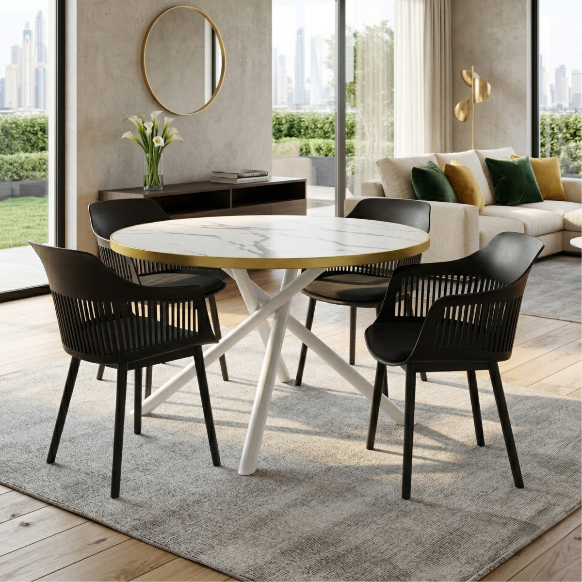 06 conjunto mesa de jantar redonda solaris branca 120cm com 4 cadeiras marcela