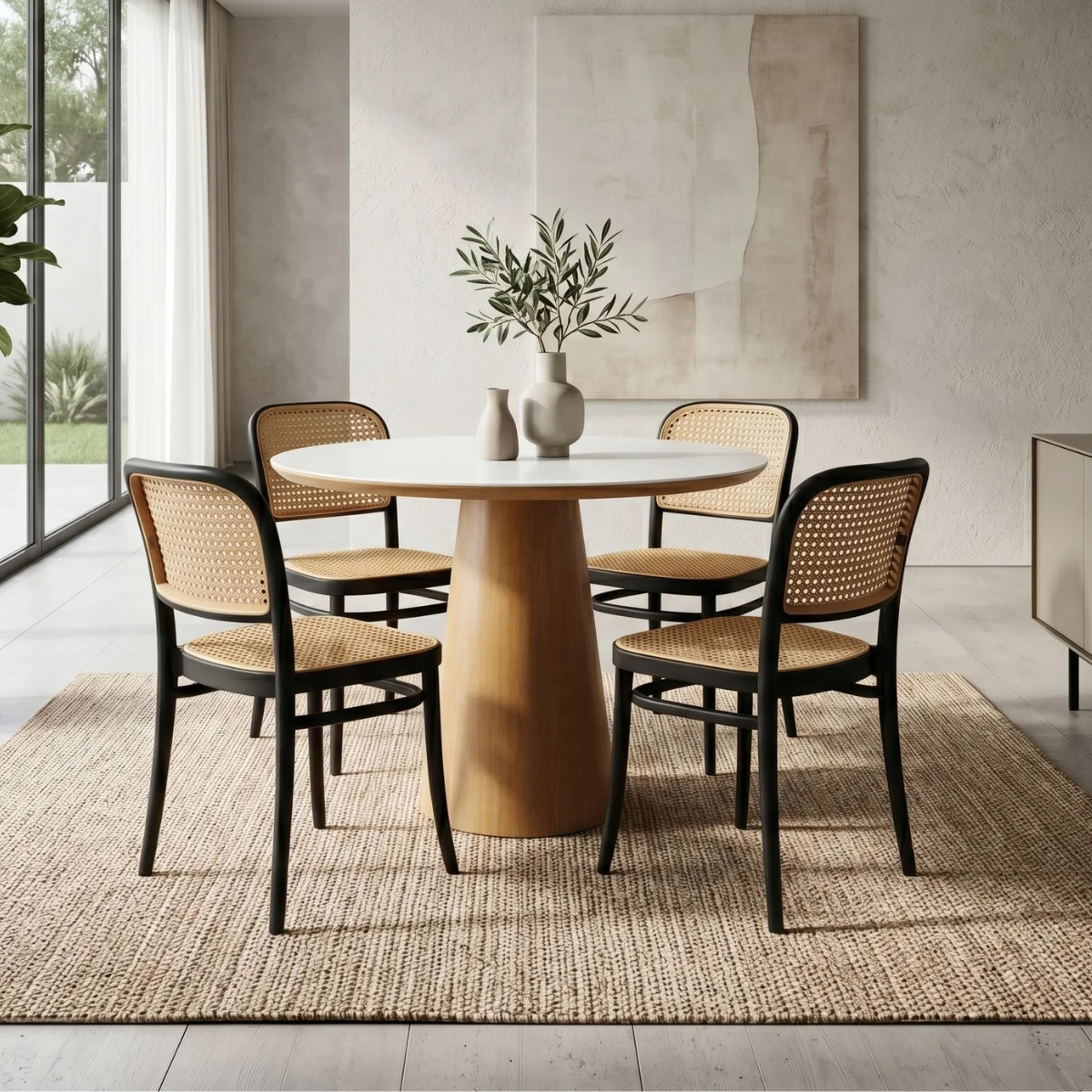 01 conjunto mesa de jantar redonda quiara 100cm branco com 4 cadeiras roma