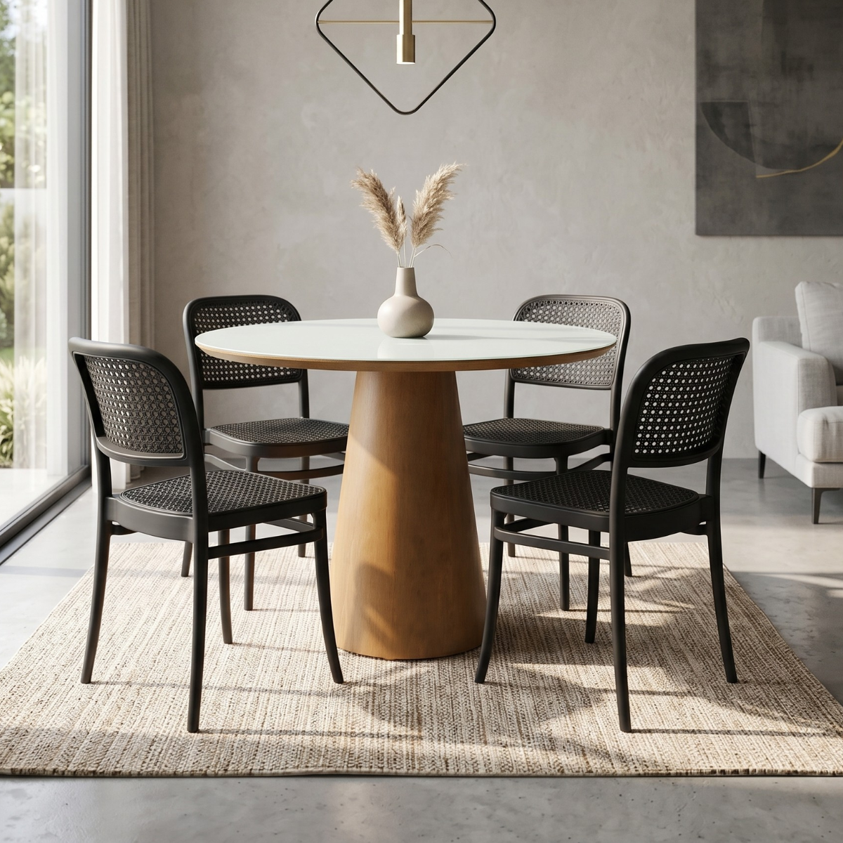 02 conjunto mesa de jantar redonda quiara 100cm branco com 4 cadeiras roma