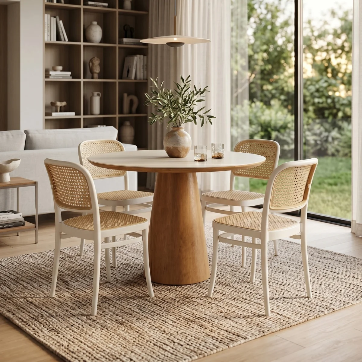 03 conjunto mesa de jantar redonda quiara 100cm branco com 4 cadeiras roma