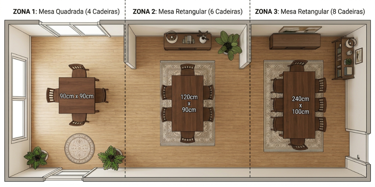 Infogr&aacute;fico de medidas de mesa de jantar: mesa quadrada de 90x90cm com 4 cadeiras, mesa retangular de 120x90cm com 6 cadeiras e mesa retangular de 240x100cm com 8 cadeiras. Guia de dimensionamento e escolha de m&oacute;veis para sala de jantar.