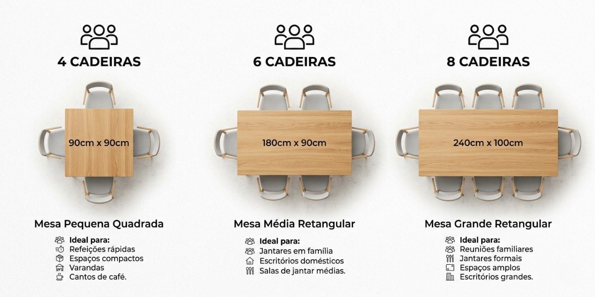 Infográfico vetorial mostrando uma tabela visual de quantos lugares cabem em cada tamanho de mesa de jantar.
