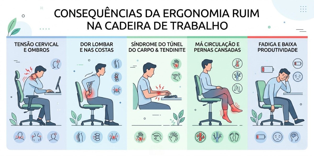 Infogr&aacute;fico mostrando as consequ&ecirc;ncias de utilizar uma cadeira com ergonomia ruim no trabalho.