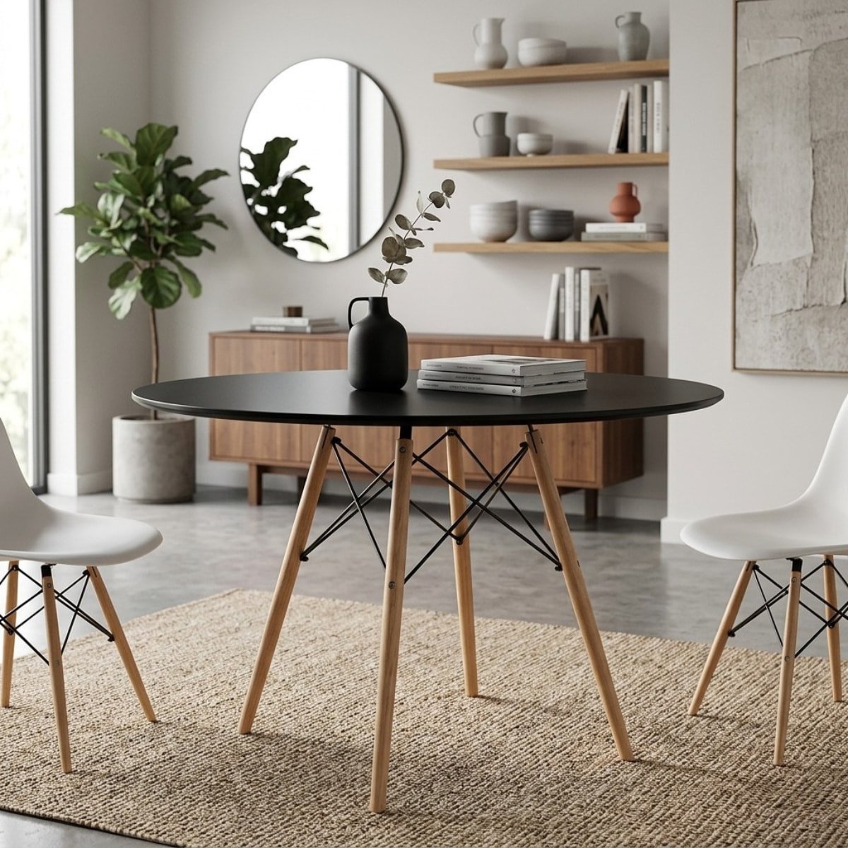 Imagem de uma mesa eiffel redonda em uma sala de jantar bem decorada.