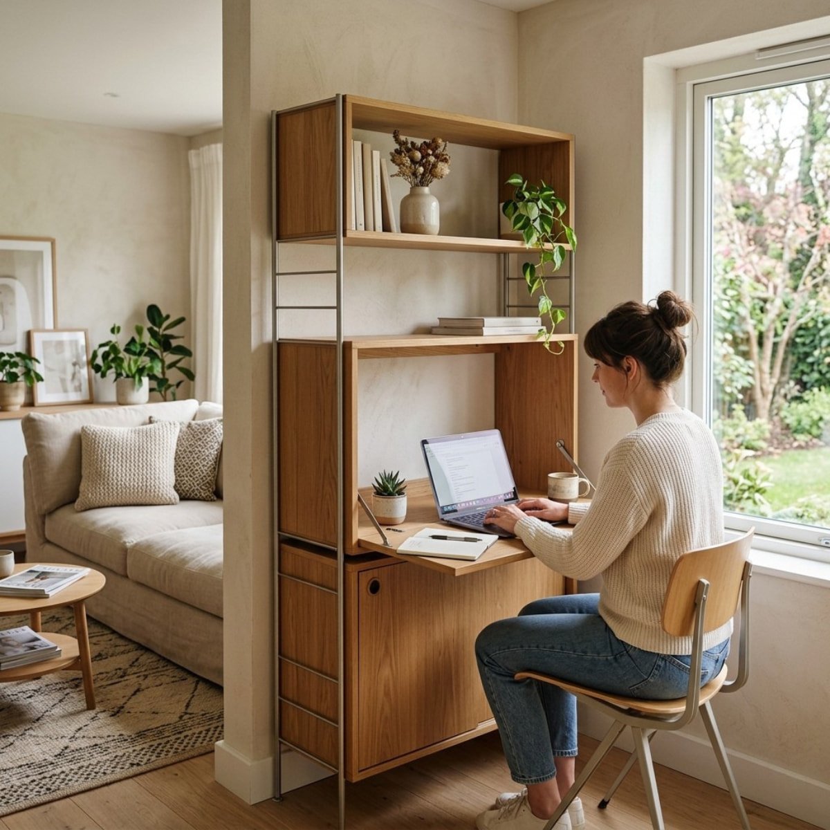 Móvel multifuncional atuando como escrivaninha de trabalho com laptop durante o dia, integrado de forma clean à decoração da sala.
