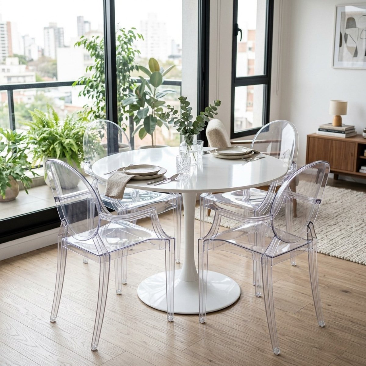 Conjunto de jantar compacto com mesa de laca branca rodeada por cadeiras translúcidas modernas que parecem flutuar no ambiente.