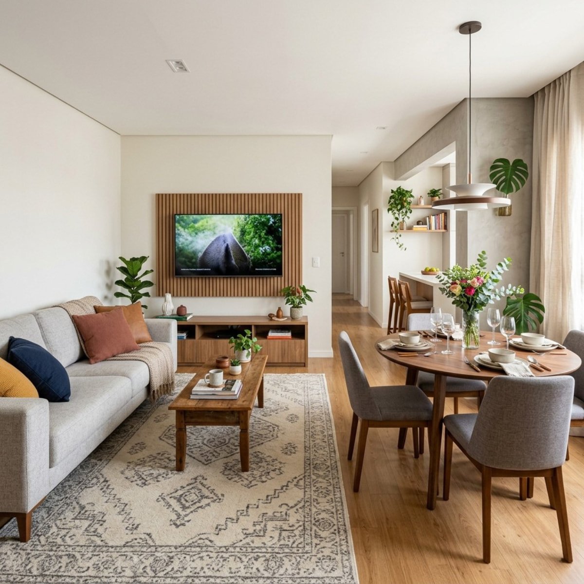 Visão panorâmica de uma sala integrada de apartamento, mostrando a transição natural entre o sofá, o painel da TV e a mesa de jantar.