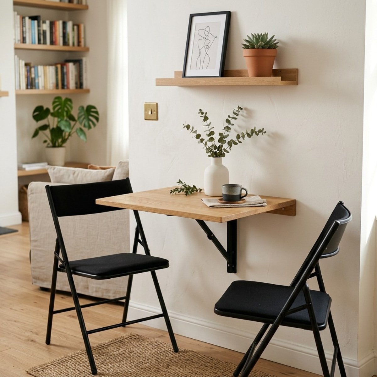 Canto compacto com pequena mesa de parede dobrável aberta, decorada com um vaso minimalista e duas cadeiras dobráveis pretas.