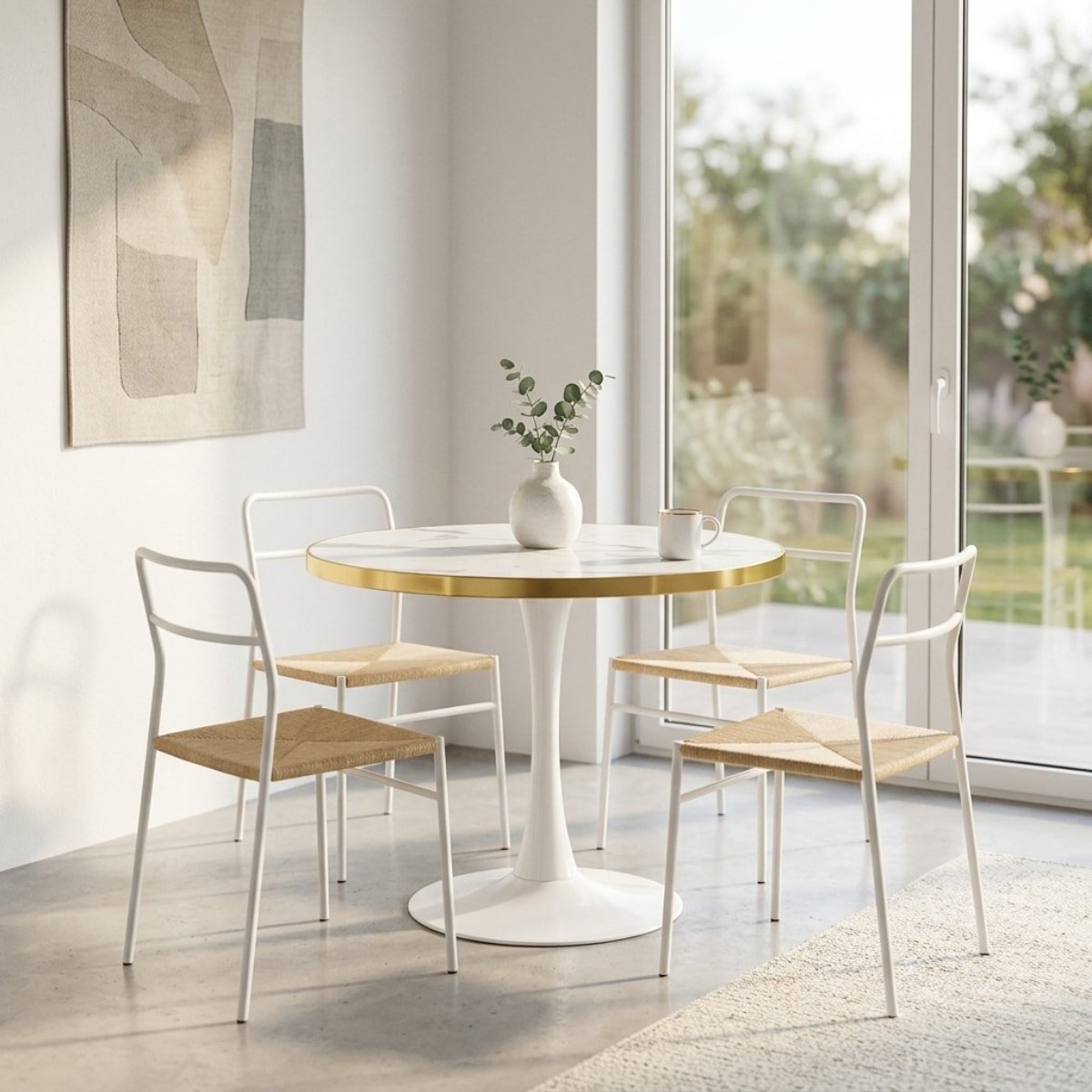 Sala de jantar minimalista com mesa redonda branca posicionada no canto do ambiente, cercada por cadeiras leves em uma atmosfera iluminada com luz natural.