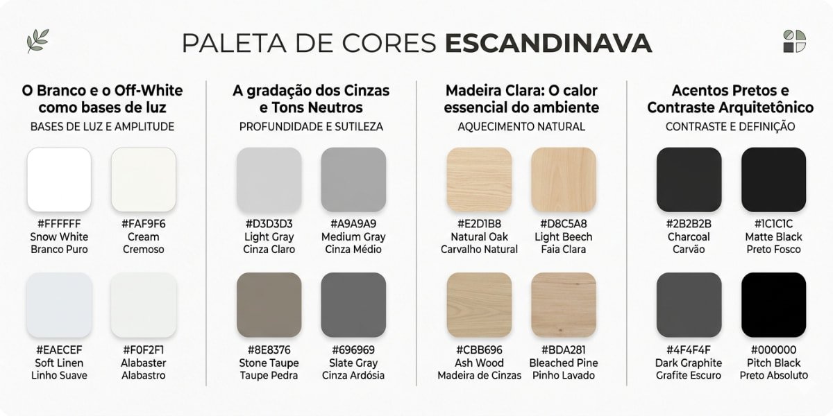 Imagem de uma palheta de cores usadas no estilo arquitetônico escandinavo.