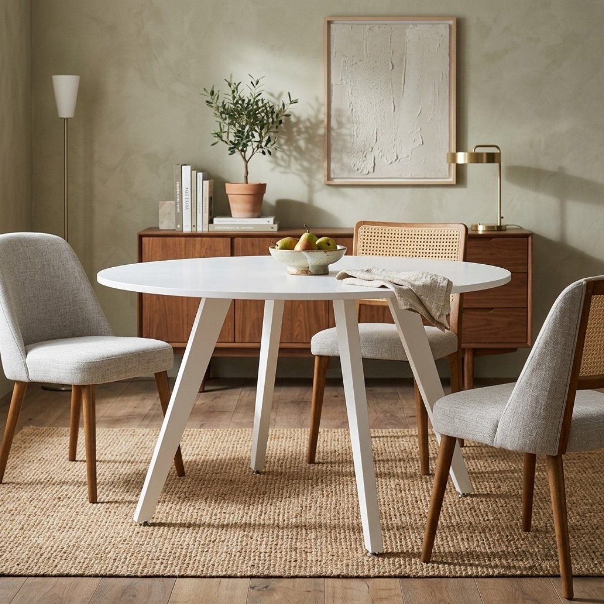 Mesa de jantar de madeira clara com estilo escandinavo
