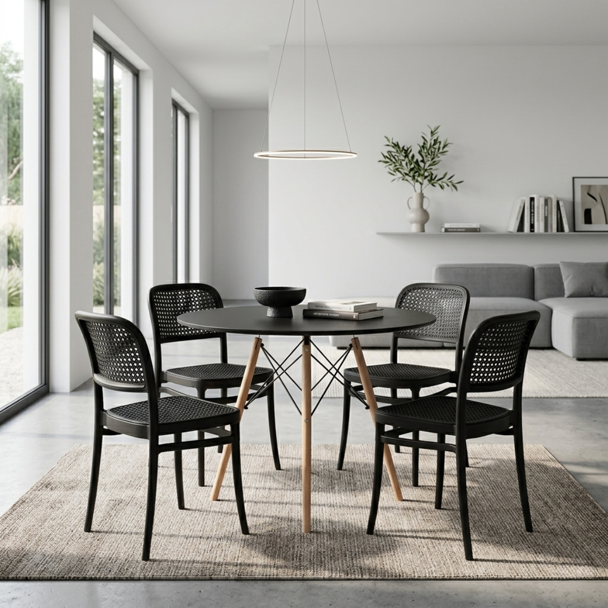 conjunto mesa de jantar redonda eiffel preta 90cm com 4 cadeiras roma all black ambiente magazine decor