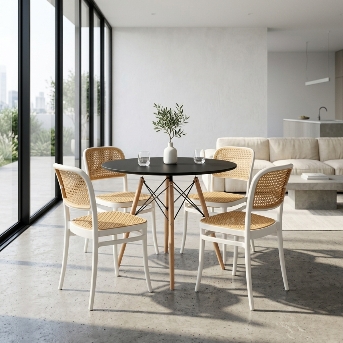 conjunto mesa de jantar redonda eiffel preta 90cm com 4 cadeiras roma branco ambiente magazine decor