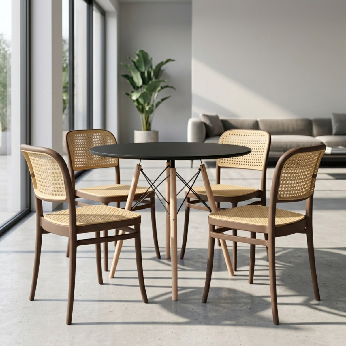 conjunto mesa de jantar redonda eiffel preta 90cm com 4 cadeiras roma marrom ambiente magazine decor