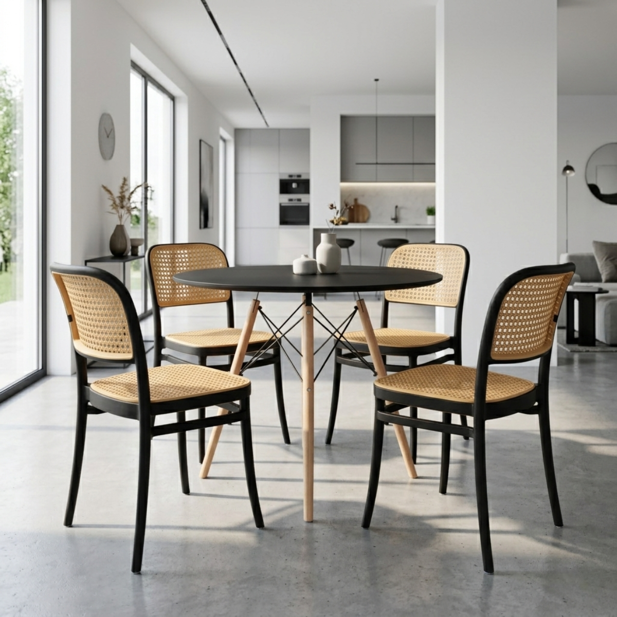 conjunto mesa de jantar redonda eiffel preta 90cm com 4 cadeiras roma preto ambiente magazine decor