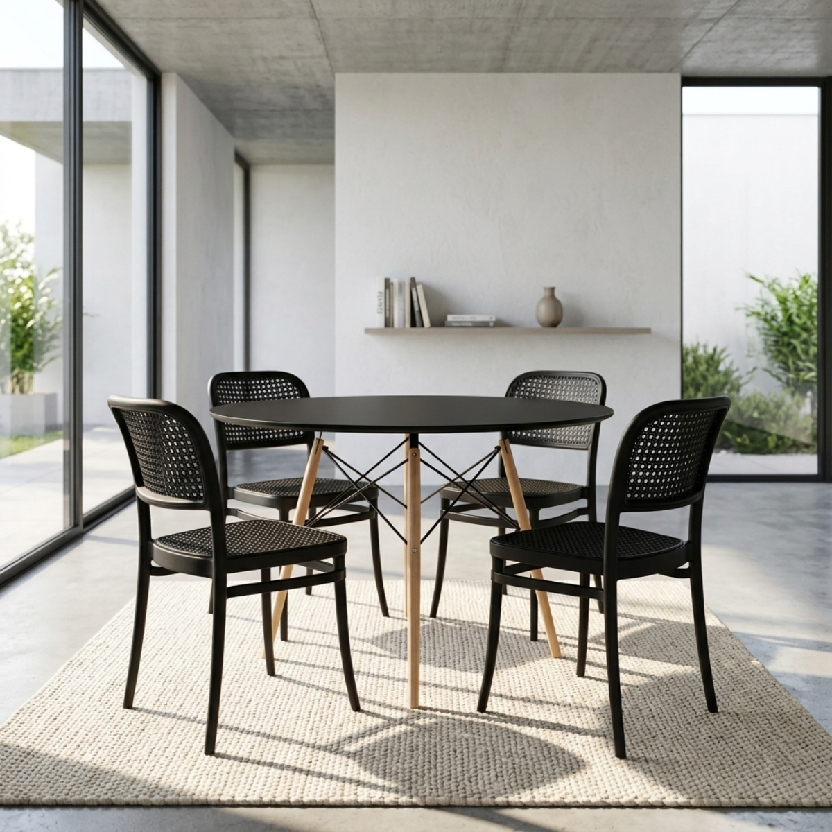 conjunto mesa de jantar redonda eiffel preta 90cm com 6 cadeiras roma all black ambiente magazine decor