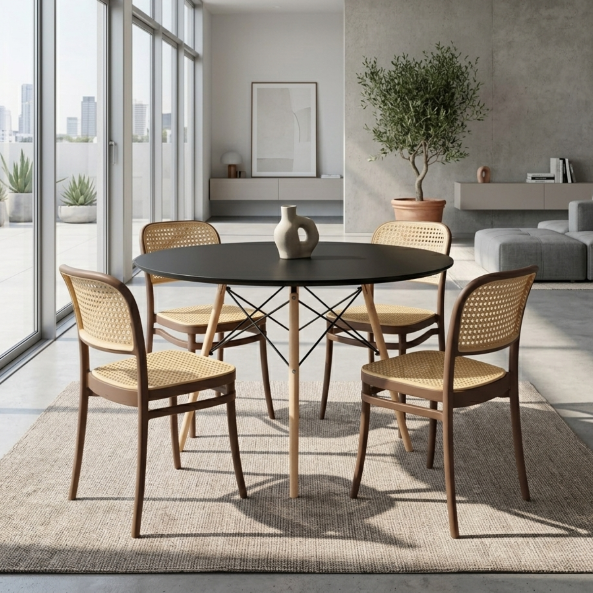 conjunto mesa de jantar redonda eiffel preta 90cm com 6 cadeiras roma marrom ambiente magazine decor