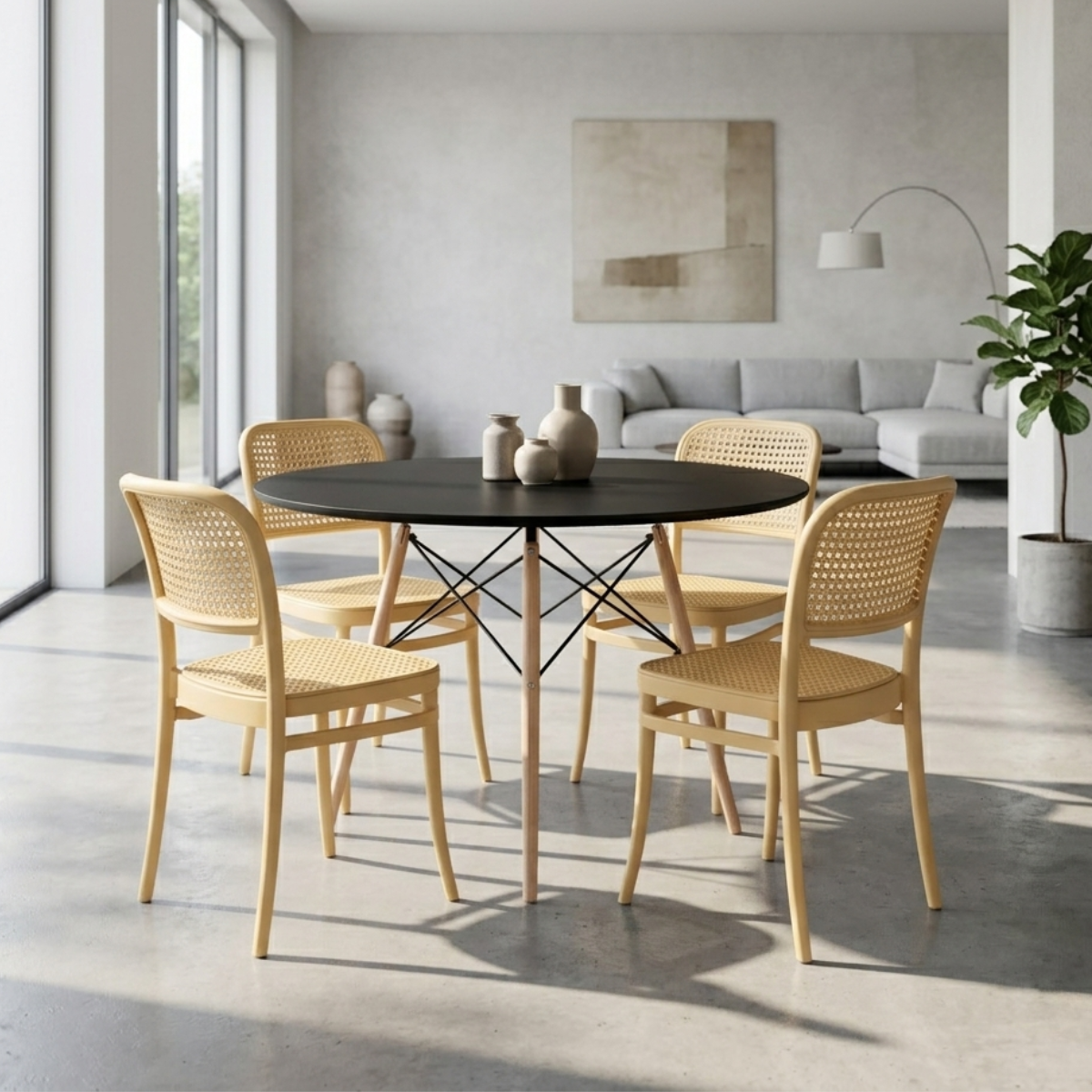 conjunto mesa de jantar redonda eiffel preta 90cm com 6 cadeiras roma nude ambiente magazine decor