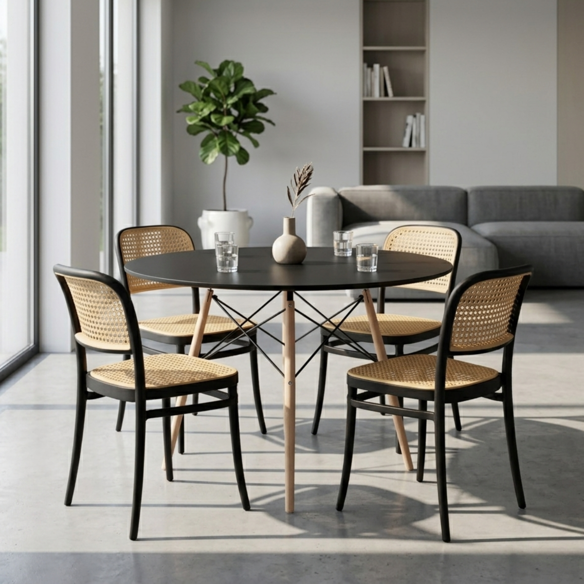 conjunto mesa de jantar redonda eiffel preta 90cm com 6 cadeiras roma preto ambiente magazine decor