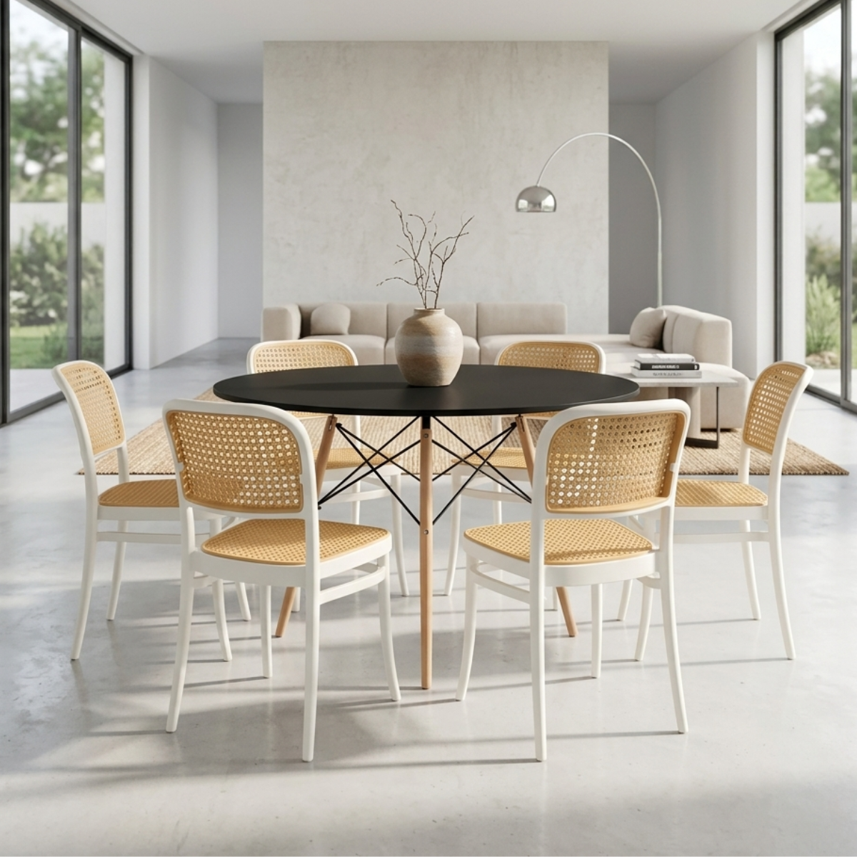conjunto mesa de jantar redonda eiffel preta 90cm com 6 cadeiras roma branco ambiente magazine decor