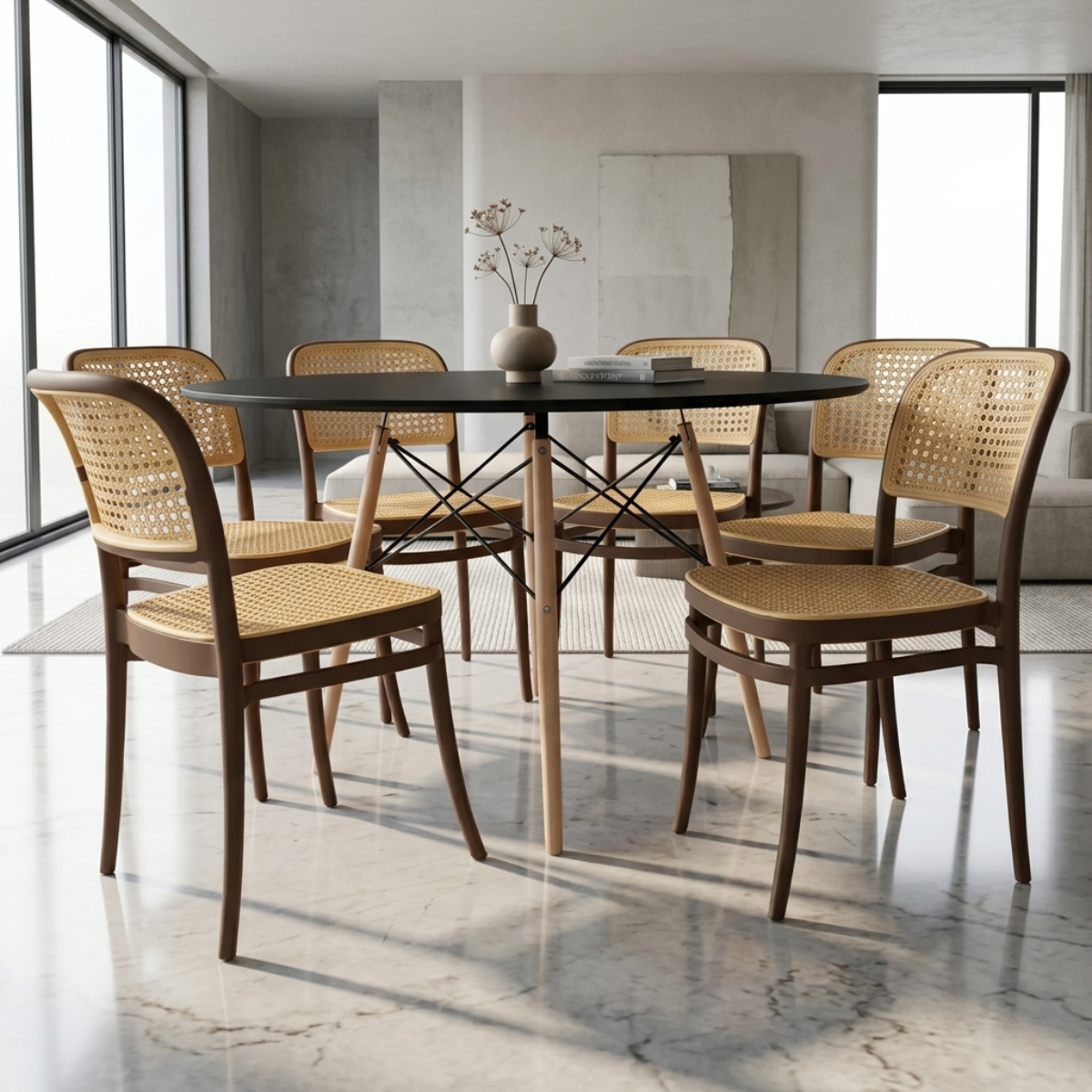 conjunto mesa de jantar redonda eiffel preta 90cm com 6 cadeiras roma marrom ambiente magazine decor