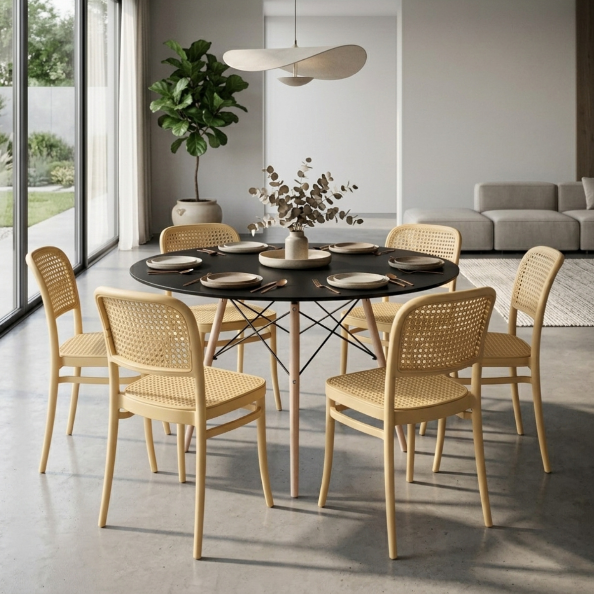 conjunto mesa de jantar redonda eiffel preta 90cm com 6 cadeiras roma nude ambiente magazine decor