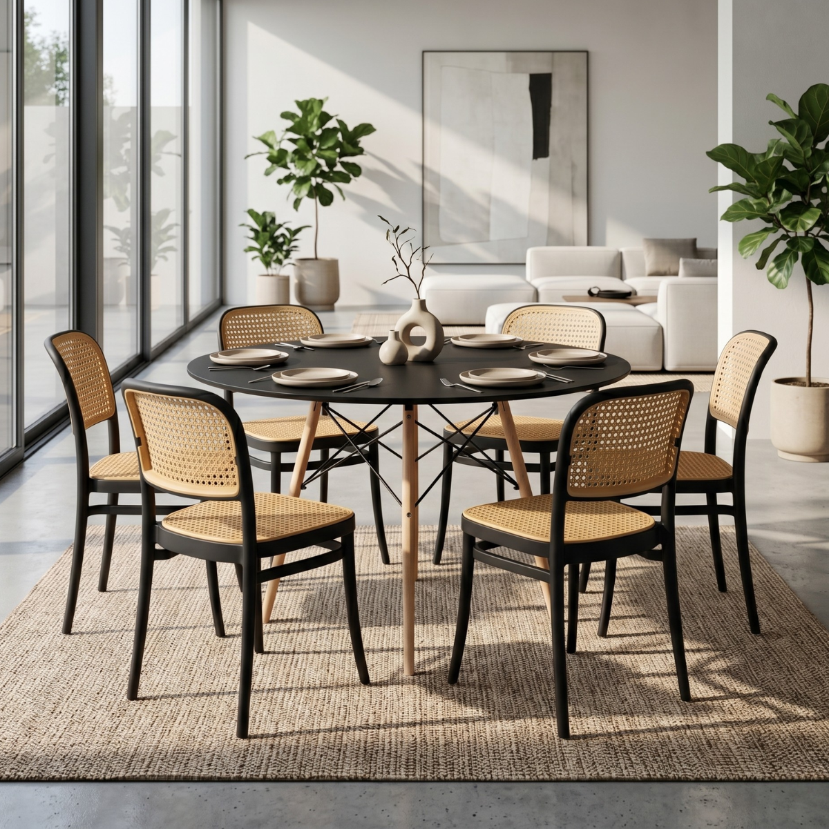 conjunto mesa de jantar redonda eiffel preta 90cm com 6 cadeiras roma preto ambiente magazine decor