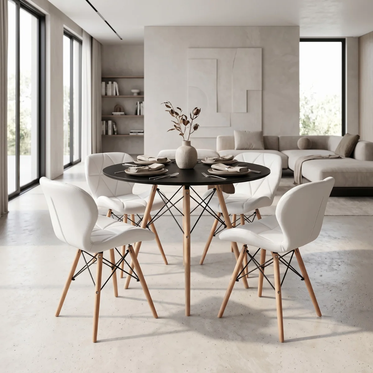 kit mesa jantar eiffel preta com 4 cadeiras slim branca ambiente magazine decor