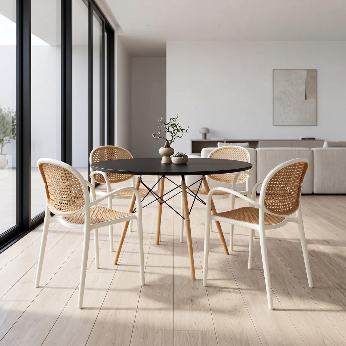 conjunto mesa de jantar redonda eiffel preta com 4 cadeiras roma com braco bege ambiente magazine decor
