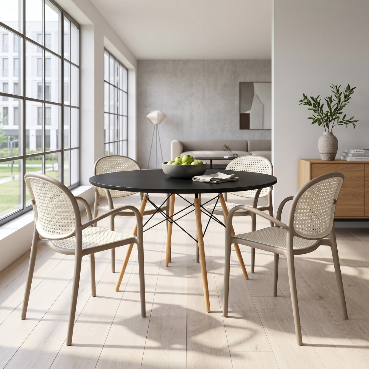 conjunto mesa de jantar redonda eiffel preta com 4 cadeiras roma com braco cinza ambiente magazine decor